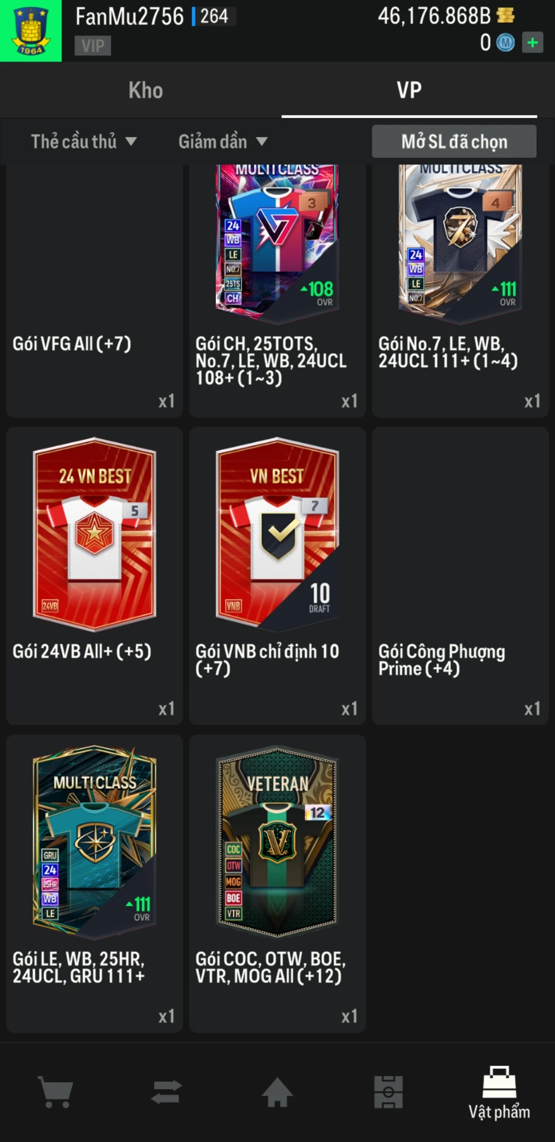 Ảnh ACC mở thẻ (LOẠI SVIP PROMAX) bao gồm có thẻ +12, thẻ Prime (có QH, CP, XS) và 1500+ đến 2000+ thẻ cầu thủ từ Siêu sao đến Miền núi các loại khác. Có sẵn BP trắng trong acc từ 40.000 tỷ BP đến 46.000 tỷ BP kèm theo nhiều ngày SVIP